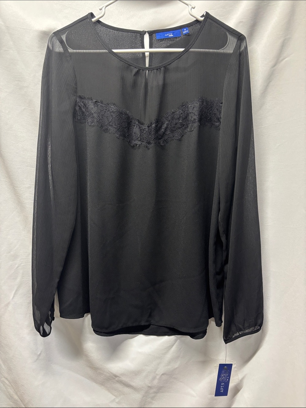 Apt. 9 Black Sheer Lace Yoke Long Sleeve Top